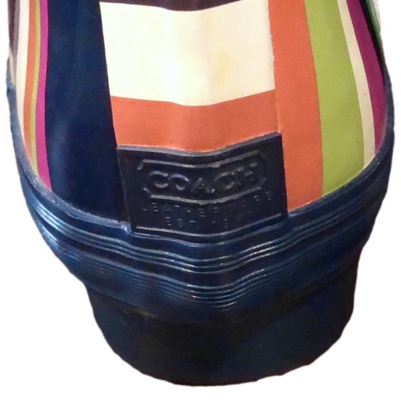 COACH Multi Stripe Mid Calf Rain Boots w Low Heel and Navy Lining Sz 7 - Picture 7 of 12